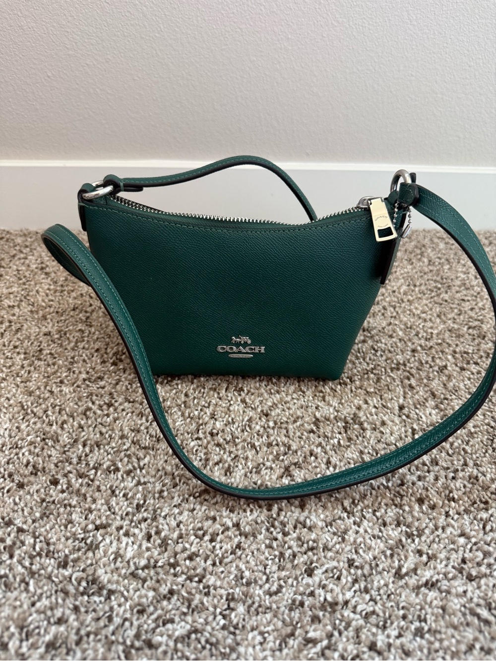 Coach Dark Green Leather Crossbody with Silver Hardware
